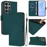 For Samsung Galaxy S23 Ultra 5G Skin Feel Solid Color Leather Phone Case with Lanyard(Dark Green)