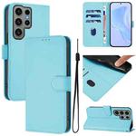 For Samsung Galaxy S23 Ultra 5G Skin Feel Solid Color Leather Phone Case with Lanyard(Sky Blue)