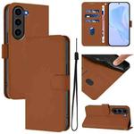 For Samsung Galaxy S23+ 5G Skin Feel Solid Color Leather Phone Case with Lanyard(Brown)