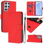 For Samsung Galaxy S22 Ultra 5G Skin Feel Solid Color Leather Phone Case with Lanyard(Red)