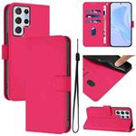 For Samsung Galaxy S22 Ultra 5G Skin Feel Solid Color Leather Phone Case with Lanyard(Rose Red)