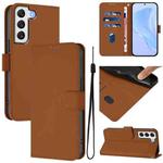 For Samsung Galaxy S22 5G Skin Feel Solid Color Leather Phone Case with Lanyard(Brown)