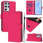 For Samsung Galaxy S21 Ultra 5G Skin Feel Solid Color Leather Phone Case with Lanyard(Rose Red)