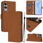 For Samsung Galaxy S25 Edge 5G Skin Feel Solid Color Leather Phone Case with Lanyard(Brown)