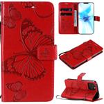 For iPhone 12 / 12 Pro 3D Butterfly Embossed Pattern Horizontal Flip Leather Case with Holder & Card Slot & Wallet & Lanyard(Red)