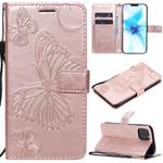 For iPhone 12 / 12 Pro 3D Butterfly Embossed Pattern Horizontal Flip Leather Case with Holder & Card Slot & Wallet & Lanyard(Rose Gold)