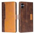 For Samsung Galaxy A06 Contrast Color Side Buckle Leather Phone Case(Dark Brown + Gold)