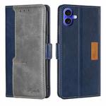 For iPhone 16 Plus Contrast Color Side Buckle Leather Phone Case(Blue + Grey)