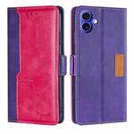 For iPhone 16 Plus Contrast Color Side Buckle Leather Phone Case(Purple + Rose Red)