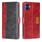 For iPhone 16 Plus Contrast Color Side Buckle Leather Phone Case(Red + Black)