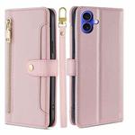 For iPhone 16 Sheep Texture Cross-body Zipper Wallet Leather Phone Case(Pink)