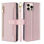 For iPhone 16 Pro Max Sheep Texture Cross-body Zipper Wallet Leather Phone Case(Pink)