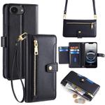For iPhone 16e Sheep Texture Cross-body Zipper Wallet Leather Phone Case(Black)