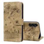 For Samsung Galaxy S24 FE 5G Cartoon Sakura Cat Embossed Leather Phone Case(Brown)