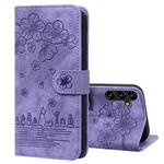 For Samsung Galaxy S24 FE 5G Cartoon Sakura Cat Embossed Leather Phone Case(Purple)