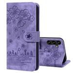 For Samsung Galaxy S24 5G Cartoon Sakura Cat Embossed Leather Phone Case(Purple)