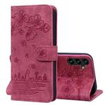 For Samsung Galaxy S24 5G Cartoon Sakura Cat Embossed Leather Phone Case(Wine Red)