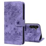 For Samsung Galaxy S24+ 5G Cartoon Sakura Cat Embossed Leather Phone Case(Purple)