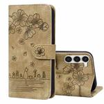 For Samsung Galaxy S23+ 5G Cartoon Sakura Cat Embossed Leather Phone Case(Brown)