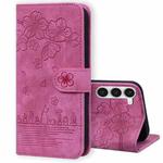 For Samsung Galaxy S23+ 5G Cartoon Sakura Cat Embossed Leather Phone Case(Rose Red)