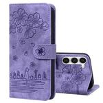 For Samsung Galaxy S23+ 5G Cartoon Sakura Cat Embossed Leather Phone Case(Purple)