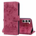 For Samsung Galaxy S23+ 5G Cartoon Sakura Cat Embossed Leather Phone Case(Wine Red)