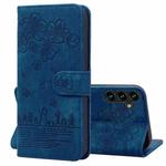 For Samsung Galaxy S23 FE 5G Cartoon Sakura Cat Embossed Leather Phone Case(Royal Blue)