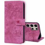 For Samsung Galaxy S25 Ultra 5G Cartoon Sakura Cat Embossed Leather Phone Case(Rose Red)