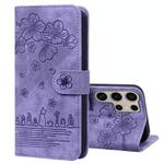 For Samsung Galaxy S25 Ultra 5G Cartoon Sakura Cat Embossed Leather Phone Case(Purple)
