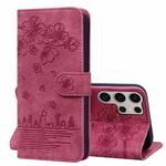 For Samsung Galaxy S25 Ultra 5G Cartoon Sakura Cat Embossed Leather Phone Case(Wine Red)