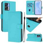 For OPPO A77 5G / A97 5G Skin Feel Solid Color Leather Phone Case with Lanyard(Lake Blue)