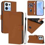 For OPPO Reno8 5G Skin Feel Solid Color Leather Phone Case with Lanyard(Brown)