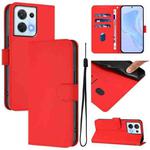 For OPPO Reno8 5G Skin Feel Solid Color Leather Phone Case with Lanyard(Red)