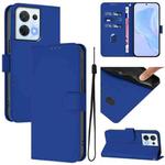 For OPPO Reno8 5G Skin Feel Solid Color Leather Phone Case with Lanyard(Dark Blue)