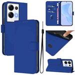 For OPPO Reno8 Pro 5G Global Skin Feel Solid Color Leather Phone Case with Lanyard(Dark Blue)