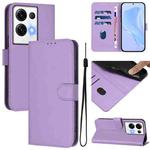 For OPPO Reno8 Pro 5G Global Skin Feel Solid Color Leather Phone Case with Lanyard(Lavender Purple)