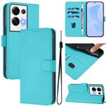 For OPPO Reno8 Pro 5G Global Skin Feel Solid Color Leather Phone Case with Lanyard(Lake Blue)