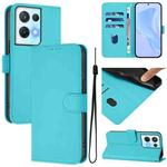 For OPPO Reno8 Pro 5G Skin Feel Solid Color Leather Phone Case with Lanyard(Lake Blue)