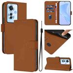 For OPPO Reno11 F 5G Global Skin Feel Solid Color Leather Phone Case with Lanyard(Brown)