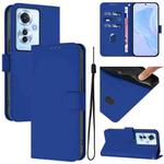 For OPPO Reno11 F 5G Global Skin Feel Solid Color Leather Phone Case with Lanyard(Dark Blue)