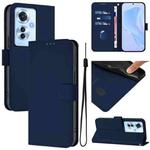 For OPPO Reno11 F 5G Global Skin Feel Solid Color Leather Phone Case with Lanyard(Navy Blue)