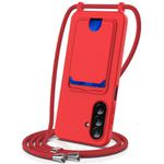 For Samsung Galaxy A26 5G Integrated Card Bag Solid Color Liquid Silicone Phone Case with Lanyard(Red)