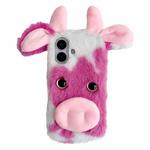 For iPhone 16 Plus Cute Plush Cow TPU Phone Case(Rose Red)