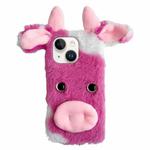 For iPhone 15 Cute Plush Cow TPU Phone Case(Rose Red)