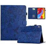 For iPad 10th Gen 10.9 2022 Flowers and Bird Embossed Smart Leather Tablet Case(Dark Blue)