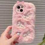 For iPhone 14 Plus Plush Embroidery Full Coverage Phone Case(Pink + White Bow)