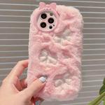 For iPhone 13 Pro Max Plush Embroidery Full Coverage Phone Case(Pink + White Bow)