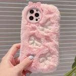 For iPhone 12 Pro Max Plush Embroidery Full Coverage Phone Case(Pink + White Bow)