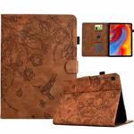 For Samsung Galaxy Tab A8 2022 SM-X200 Flowers and Bird Embossed Smart Leather Tablet Case(Brown)