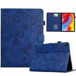 For Samsung Galaxy Tab A8 2022 SM-X200 Flowers and Bird Embossed Smart Leather Tablet Case(Dark Blue)
